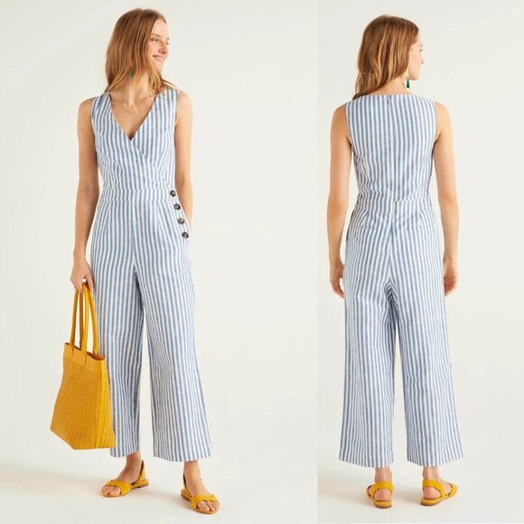 Boden Pants - NWT BODEN Dorothea Linen Blend Blue White Striped Wrap Jumpsuit Size US 12 R